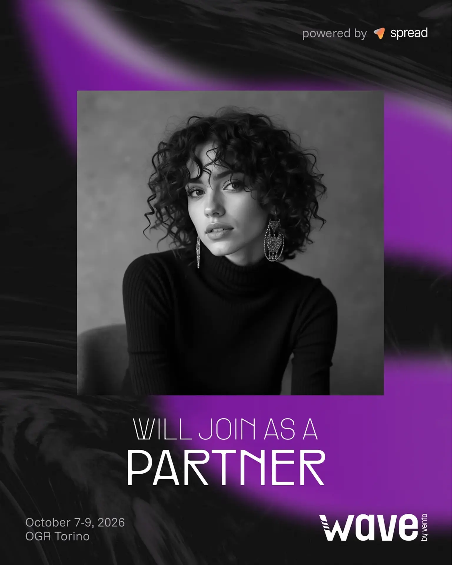 Wave by Vento partner announcement graphic with a monochrome portrait and purple artwork